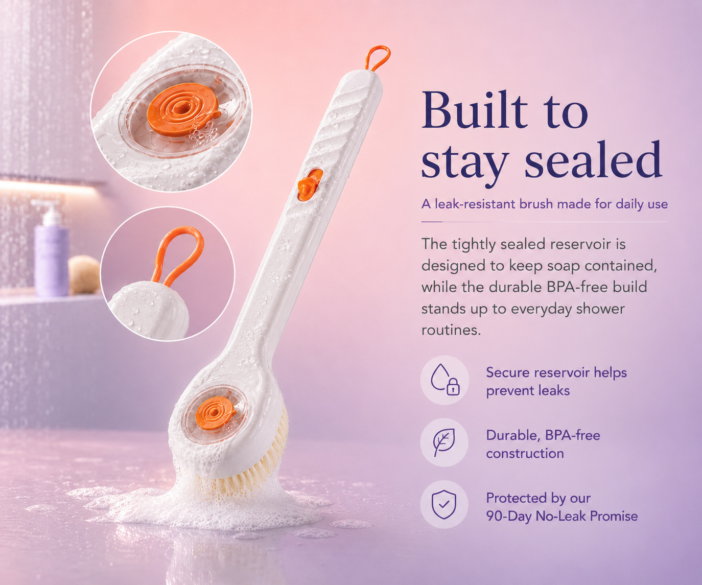 LatherReach bath brush — close-up