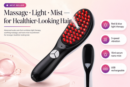 Red & Blue Light Scalp Massager Comb – Vibrating Hair Brush with Nano Mist