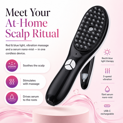Red & Blue Light Scalp Massager Comb – Vibrating Hair Brush with Nano Mist