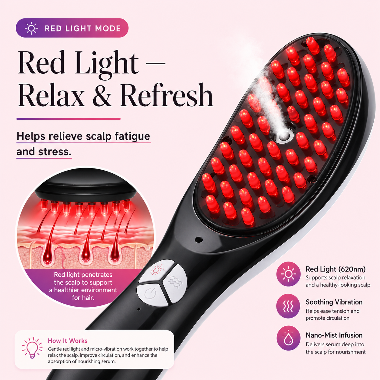 Red & Blue Light Scalp Massager Comb – Vibrating Hair Brush with Nano Mist