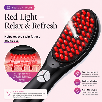 Red & Blue Light Scalp Massager Comb – Vibrating Hair Brush with Nano Mist