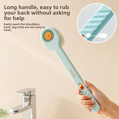 Handheld scrubber with long handle held by a hand, next to a faucet on a beige background.