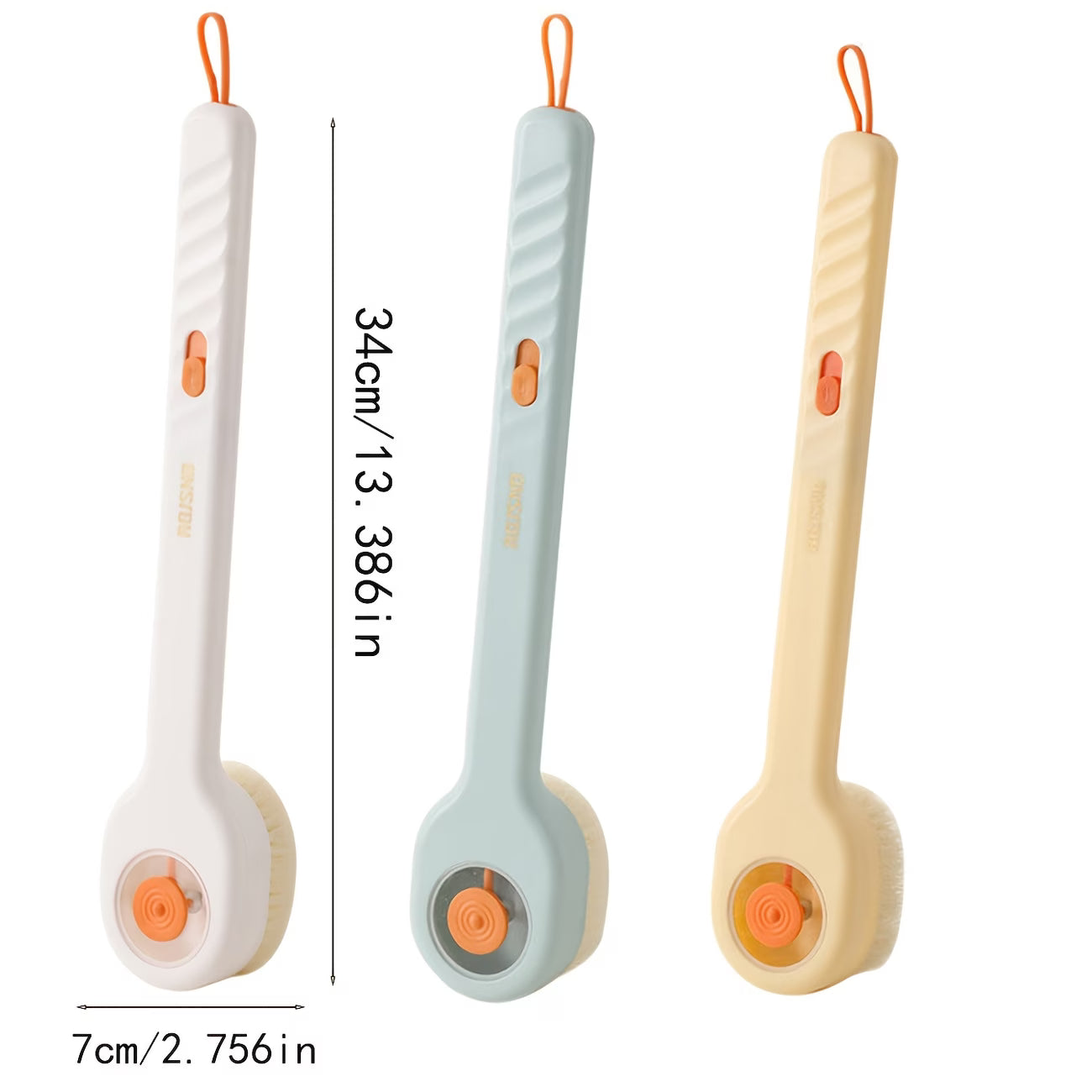 Three colorful scrub brushes with measurement details on a white background
