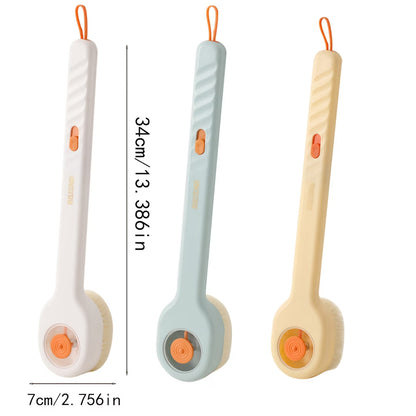 Three colorful scrub brushes with measurement details on a white background