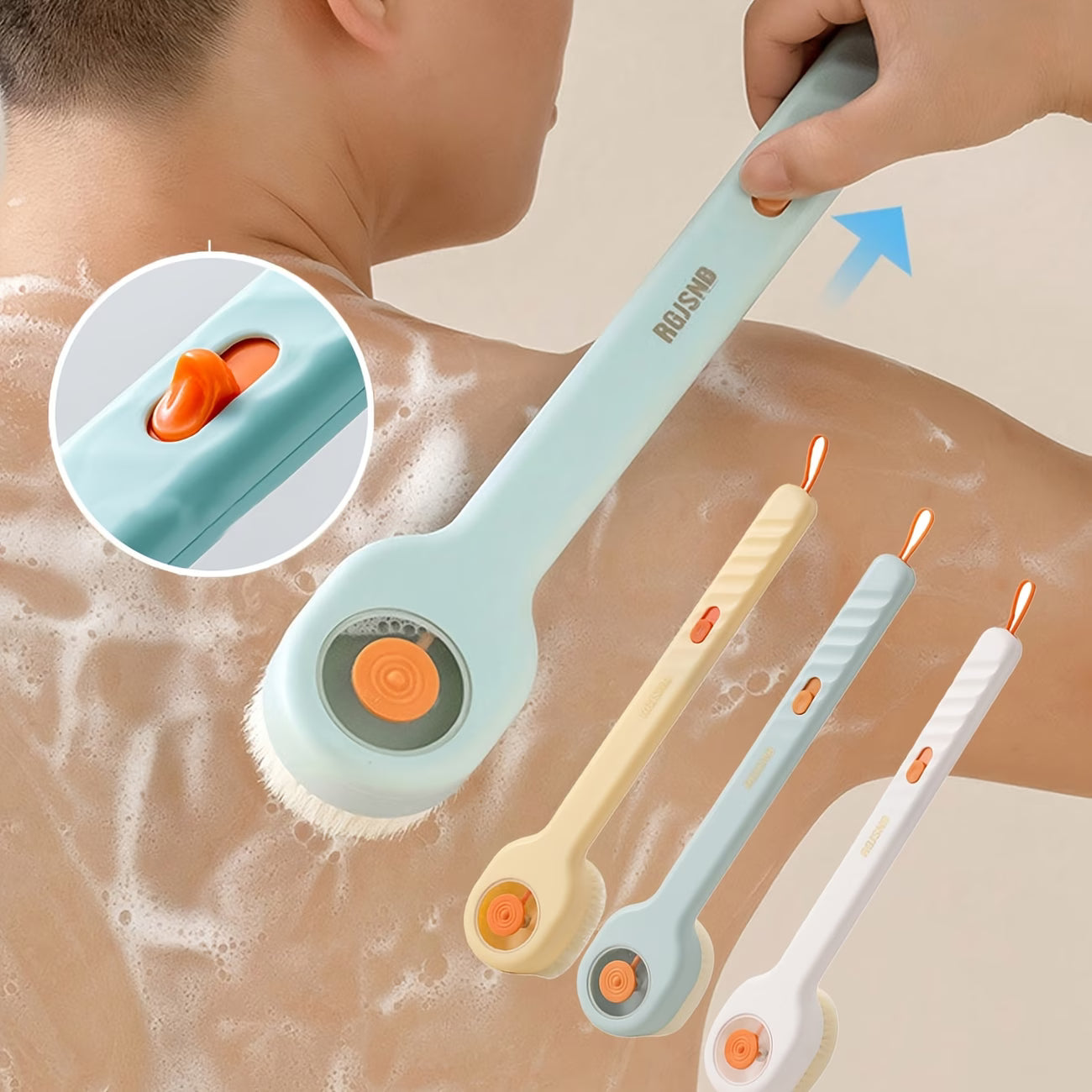 Long Handle Soft Bath Brush - Liquid Filled Body Scruber & Back Cleaning Shower Brush