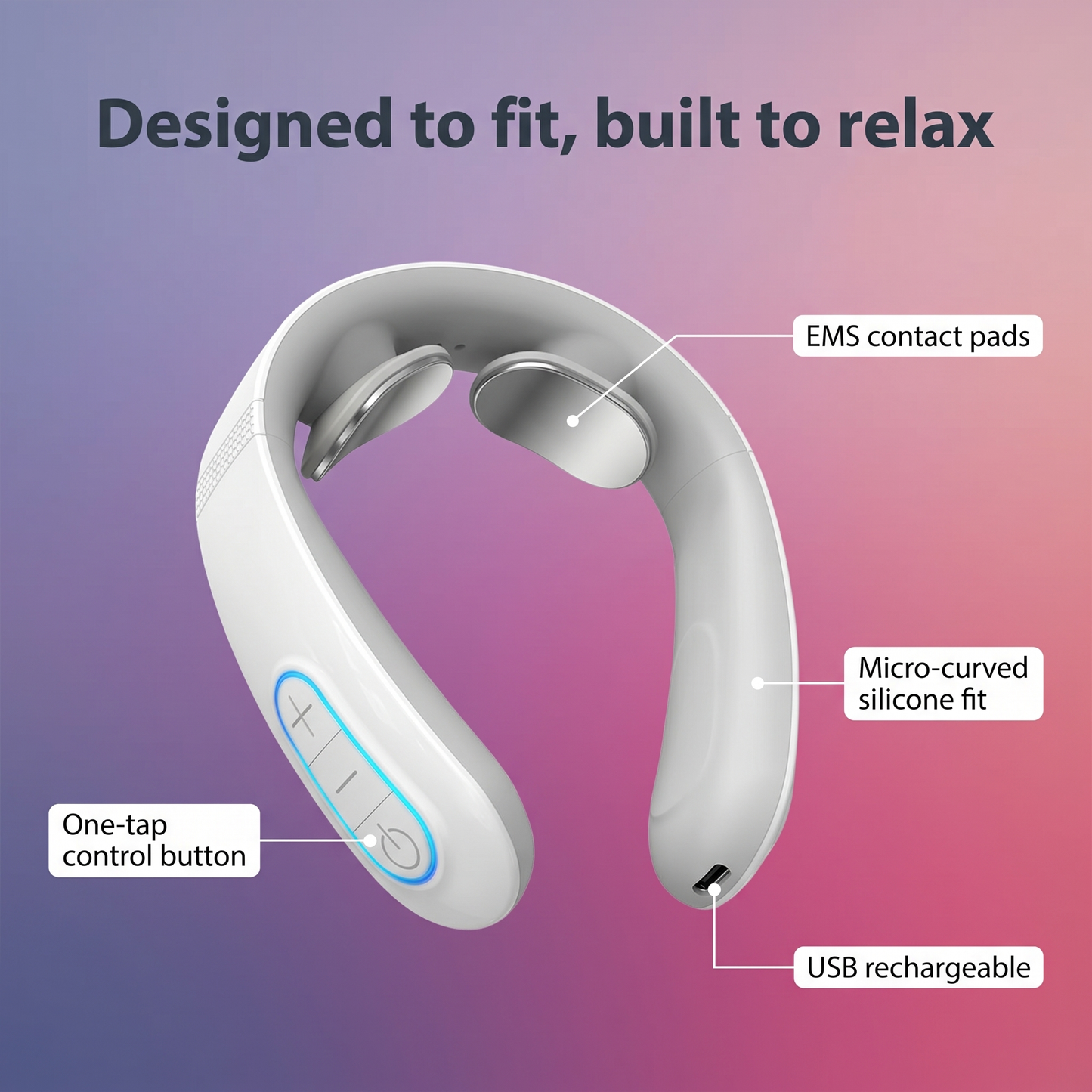Neck massager features: EMS pads, control button, silicone fit, USB rechargeable