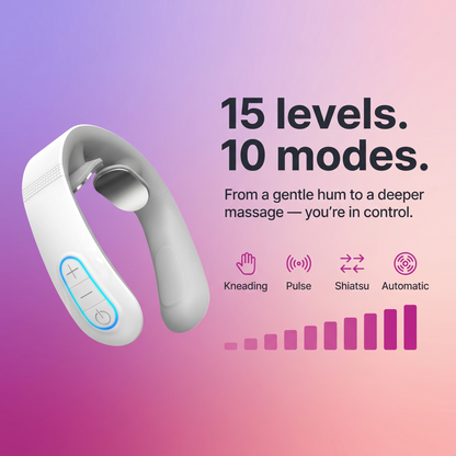 Neck massager with 15 intensity levels and 10 pulse modes