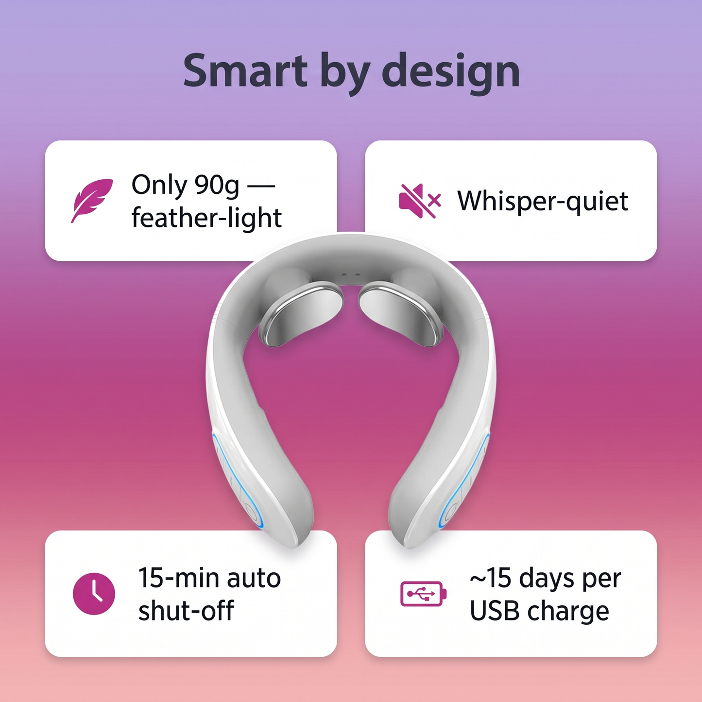 Neck massager specs: 90g, whisper-quiet, 15-minute auto shut-off, 15-day battery