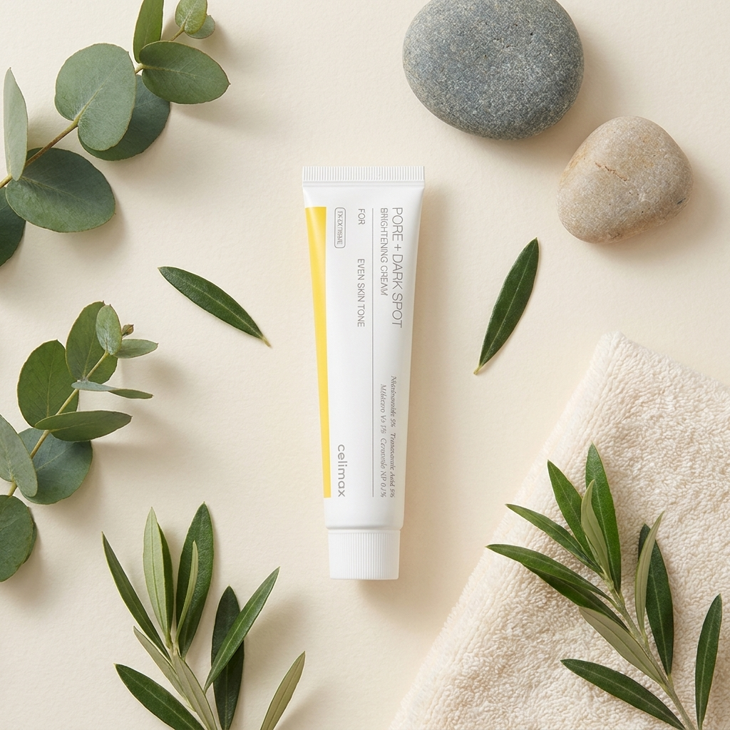 Brightening cream flatlay with botanicals